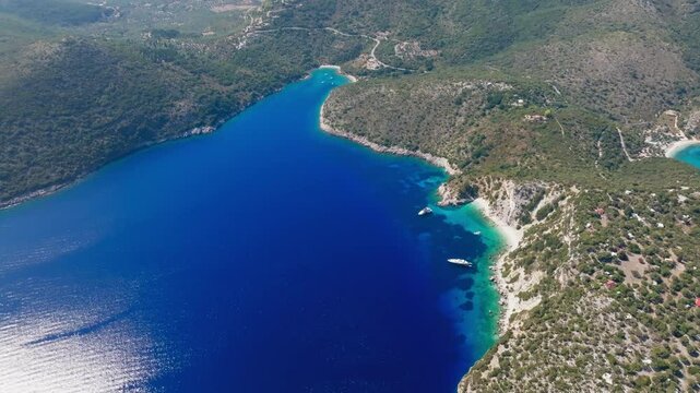 Overhead of Hulla and Sarakiniko Beach coastline on Ithaca Island, Greece