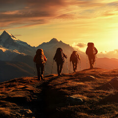 Obraz premium Embarking on Adventure: A group of hikers traverse a rugged mountain trail at sunset, their silhouettes set against the fiery sky, emphasizing the spirit of adventure and human connection.