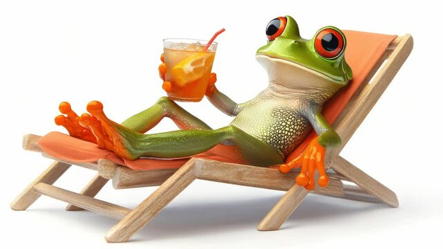 Relaxed cartoon frog standing on surfboard holding cocktail with orange slice and straw enjoying tropical vacation, humorous anthropomorphic animal concept on white background