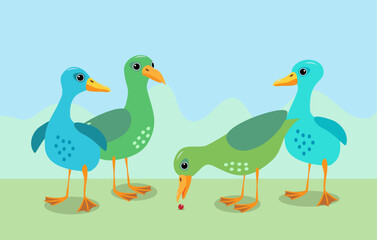 Four duck-like birds interacting with each other