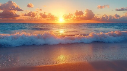 Fototapeta premium Golden Sunrise over Gentle Ocean Waves on Sandy Beach