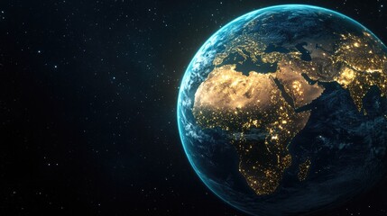 Naklejka premium Stunning view of planet earth from space highlighting europe and asia at night with illuminated cities and atmospheric clouds