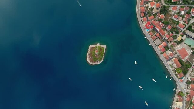 Aerial of Lazareto island near Vathy village coast on Ithaca Island, Greece
