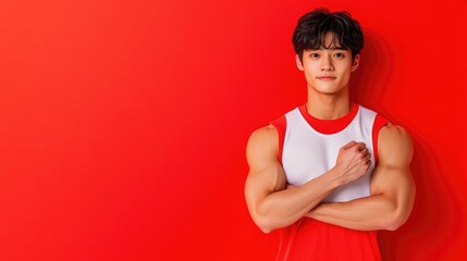 Confident young man with muscles against red wall for fitness inspiration and health awareness
