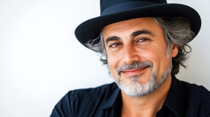 Joyful portrait of mature man with hat against white background for happiness and personality concepts