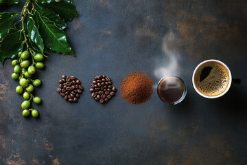 Coffee beans, ground coffee, cup and steaming espresso are arranged in a row, showing the stages of coffee preparation