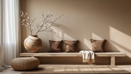 a minimalist interior design style, featuring a serene and earthy color palette. 