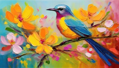 Vivid Springtime Blossoms and Whimsical Bird in a Colorful Abstract Oil Painting A Symphony of Colors Capturing the Joy and Renewal of Natures Awakening