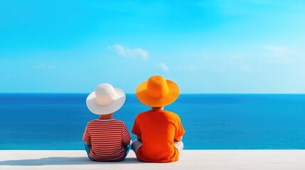 Senior retirement bonding: father and son in vibrant summer hats enjoying serene ocean view, perfect for family connection and generational sharing themes
