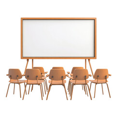 Empty Classroom with Wooden Chairs and Blank Whiteboard for Presentation or Lecture