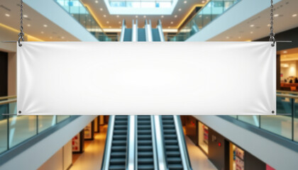 Horizontal banner mockup. Large horizontal banner mockup suspended above escalators in bright modern shopping mall atrium
