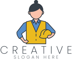 Female Engineer Logo Design Yellow Vest Helmet Creative Icon Flat Girl Team Image Clean   