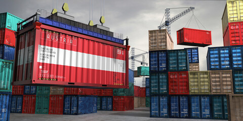 Fototapeta premium Cargo container with flag of Austria lifted by crane at freight terminal - 3D illustration