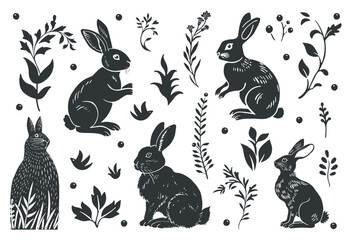 Vector linocut poster template with rabbits and plants. Modern trendy minimal style. Black and white colors. Botanical blockprint. Design for wallpaper, wall decor, print, postcard, cover, template.