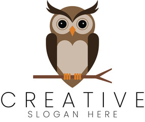 Adorable Brown Owl Perched on Branch Simple Logo Design art bird cute icon flat bird image