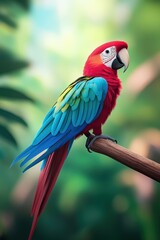 Fototapeta premium Colorful Brazilian rainforest parrot perched in lush jungle setting
