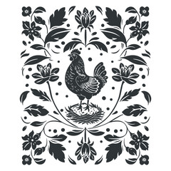 Vector linocut floral poster template with chiken. Modern trendy minimal style. Black and white colors. Botanical blockprint. Design for wallpaper, wall decor, print, postcard, cover, template.
