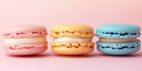 Fototapeta premium Macarons Delight: A close-up shot features three colorful macarons with delicate shells and creamy fillings, showcasing their aesthetic appeal and culinary charm.
