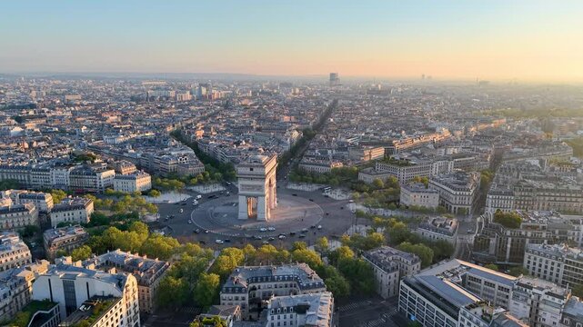 Aerial view of Mesmerizing Aerial View of Paris Featuring the Arc de Triomphe at Beautiful Sunrise Hours. France