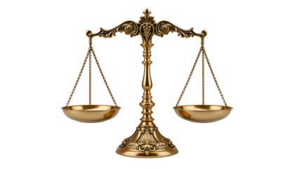 Golden scales of justice, a legal symbol of balance and equality, are isolated on white for clear measurement