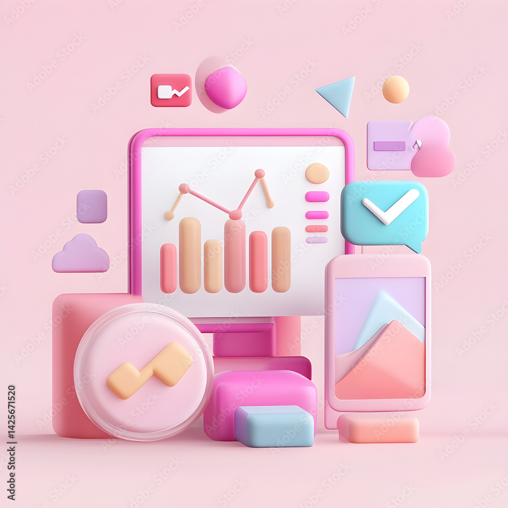 Poster digital data analysis: a 3d rendered scene showcases an array of pastel-colored digital icons and ch