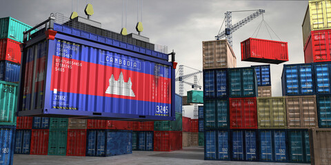 Fototapeta premium Cargo container with flag of Cambodia lifted by crane at freight terminal - 3D illustration