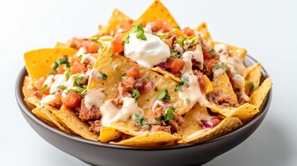 Crispy tortilla chips piled high with savory meat, creamy sauce, and fresh toppings