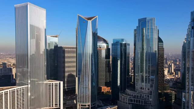Tall glass buildings with reflective surfaces stand close together in dense metropolitan area under vibrant sunlit sky