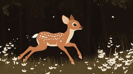 Fawn running night forest.