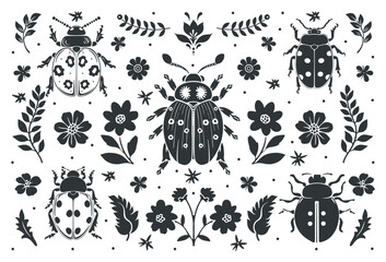 Vector linocut poster template with lady bug. Modern trendy minimal style. Black and white colors. Botanical blockprint. Design for wallpaper, wall decor, print, postcard, cover, template. © darijashka