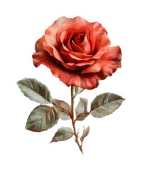 Detailed red rose with green leaves close-up, cut out - stock png.