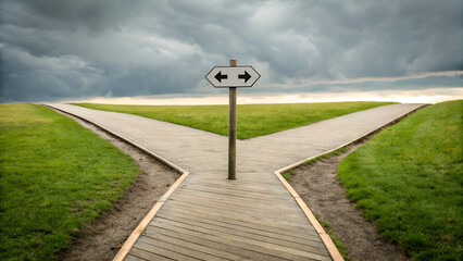 Frugal Living Saving Budgeting A signpost at a crossroad under a stormy sky, symbolizing choices and uncertainty.