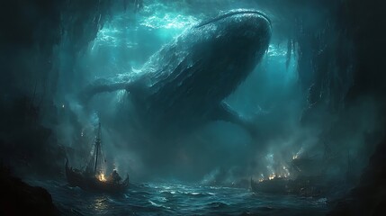 Fototapeta premium Massive whale in a mystical underwater cavern.