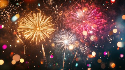 A dazzling fireworks display with confetti swirling in the air, enhancing the magic of the night.