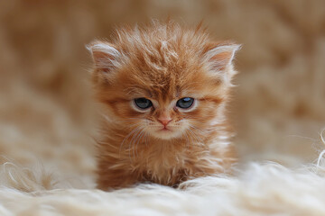 Fototapeta premium Adorably frustrated Maine Coon kitten, less than two months old, with a lion-like mane and furiously cute expression, posing on a soft rug, showcasing its playful personality