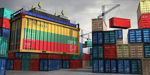 Fototapeta premium Cargo container with flag of Lithuania lifted by crane at freight terminal - 3D illustration