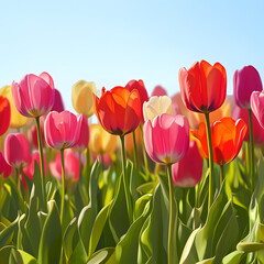 Tulip Field in Bloom: A vibrant display of various tulips, each flower boasts a unique color, reaching for the sky under a clear, azure expanse. The scene embodies the essence of springtime.