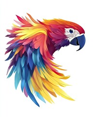 Obraz premium A vibrant and colorful illustration of a parrot's head showcasing intricate feather details, set against a plain background, ideal for nature-themed designs or educational materials