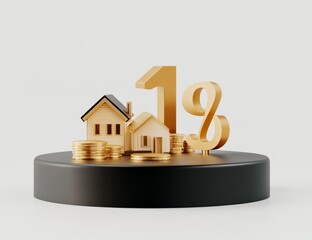Low interest rate home loan, 1% mortgage, small houses, gold coins, on display podium