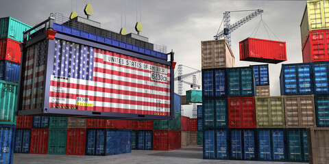Cargo container with flag of USA lifted by crane at freight terminal - 3D illustration © PX Media
