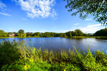 View of the mill pond near Bredstedt and the surrounding landscape. Nature at the Bredstedt mill pond.
