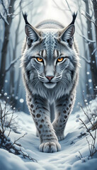 Fototapeta premium A mysterious watercolor lynx prowling through snowy woods, with soft grays, silvery blues, and piercing golden eyes.