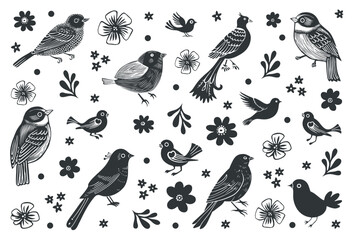 Vector linocut poster template with birds. Modern trendy minimal style. Black and white colors. Botanical blockprint. Design for wallpaper, wall decor, print, postcard, cover, template.