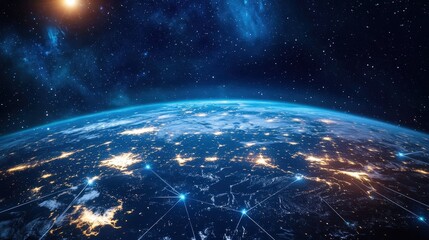 Obraz premium A deep-space perspective of Earth with bright laser-like connections forming an interstellar communication web.