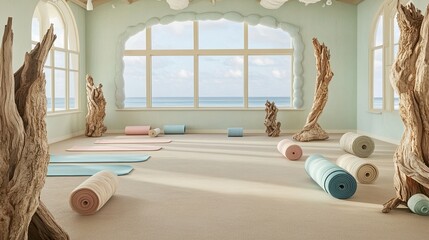 A beach-inspired yoga studio with pale sandy tones on the walls