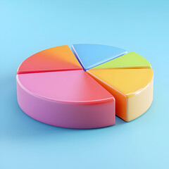 Obraz premium Vibrant Pie Chart: a striking graphic of a pie chart broken into six segments, each a unique vibrant color, resting on a light-blue backdrop.