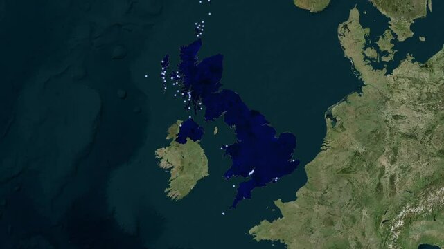 Dark blue 3D map animated video highlighting the United Kingdom borders with a modern geographic look and detailed satellite-based visualization