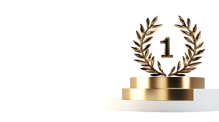 Golden one, 1st place, laurel wreath on podium, isolated on a transparent background
