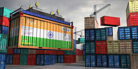 Fototapeta premium Cargo container with flag of India lifted by crane at freight terminal - 3D illustration
