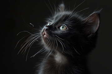 Playful black kitten batting curiously at loose strands of human hair in soft, natural light, capturing an adorable moment of gentle interaction between pet and owner